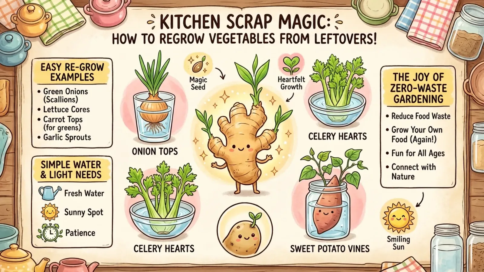 Official Nano Banana 2.1 illustrated infographic explaining how to regrow vegetables from kitchen scraps