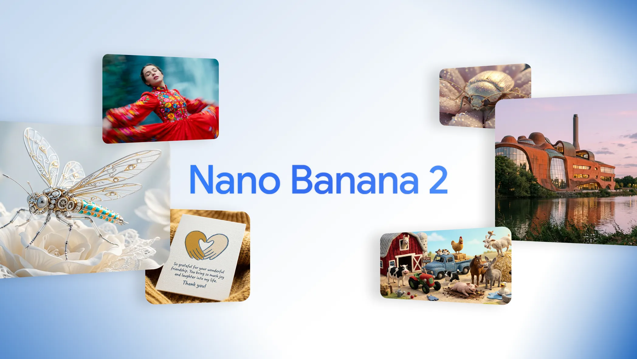 Official Google Nano Banana 2 launch image with a jeweled insect, dancer, architecture and farm characters