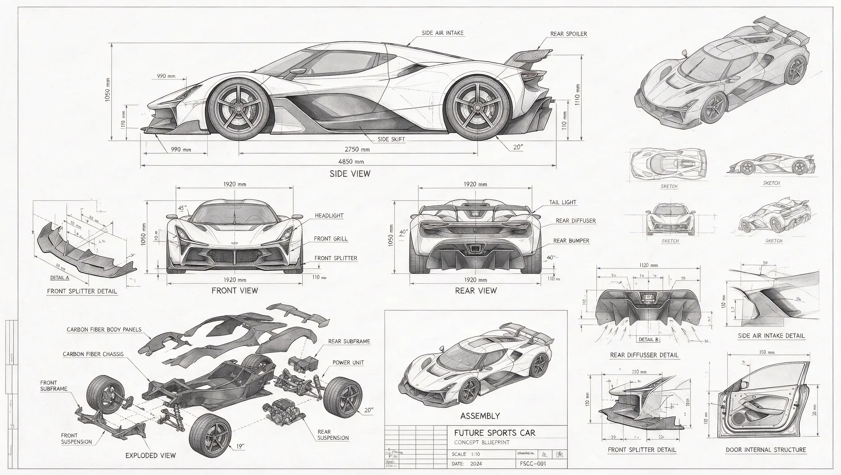 Official Seedream 5.0 Pro technical blueprint with multiple views of a sports car